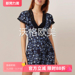 柔美蓝白蔷薇花朵印花蕾丝边女系带连身短裤 沃格 法国S牌春夏新款