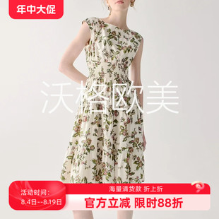 沃格KS早秋新款清新浪漫粉绿花朵枝叶印花打揽弹力腰棉优雅连衣裙