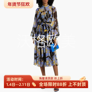 沃格 D春夏新款柔美黄蓝花朵印花系腰带两件套飘逸大摆雪纺连衣裙