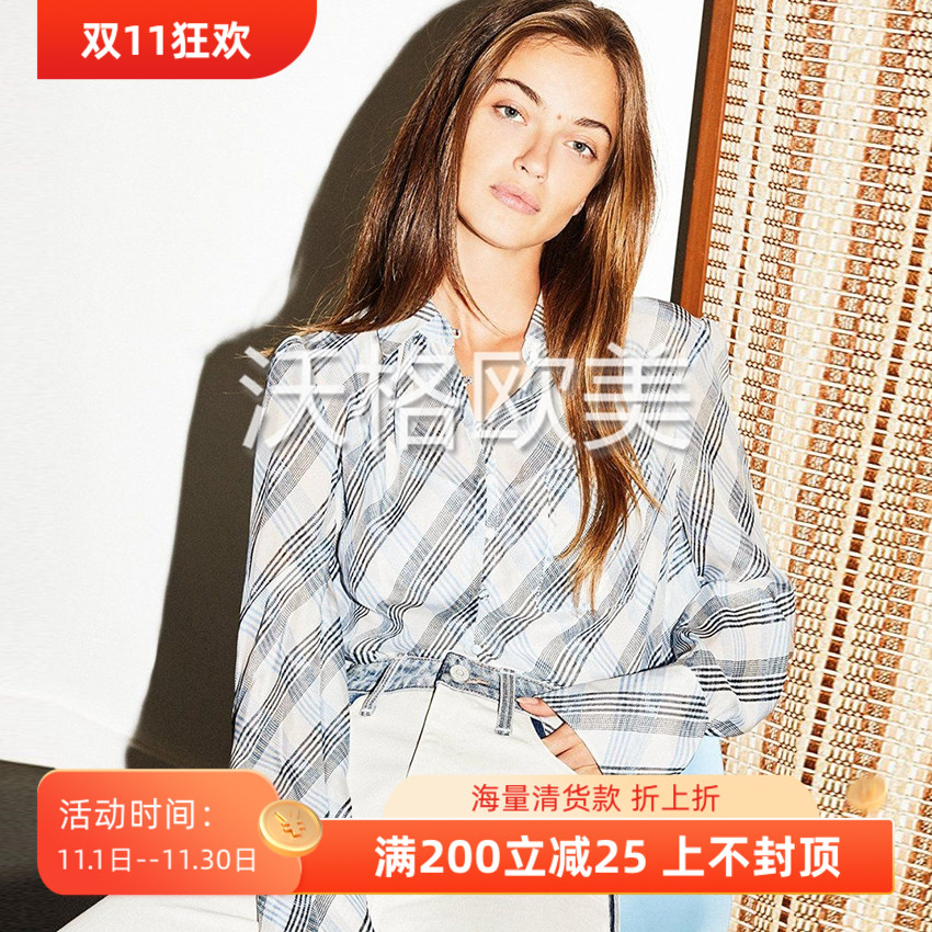 沃格美国JO牌早春新款清新英伦蓝白黑格纹印花气质单兜女真丝衬衫
