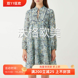 沃格法国M牌春夏新款柔美手绘花朵印花拼接设计系带V领雪纺连衣裙