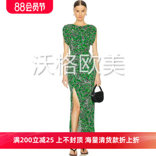 沃格 D早秋新品时髦黑绿虎纹印花抽皱收腰开衩包臀长款针织连衣裙