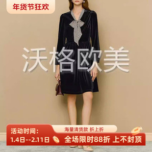 沃格LKB秋冬新款黑白波点真丝蝴蝶结V领显瘦优雅九分袖丝绒连衣裙