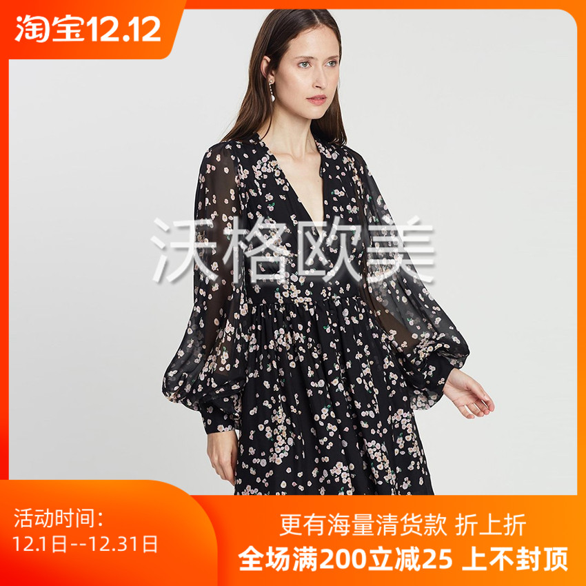 沃格澳洲CM牌早秋新款柔美蔷薇小花印花灯笼袖性感飘逸真丝连衣裙