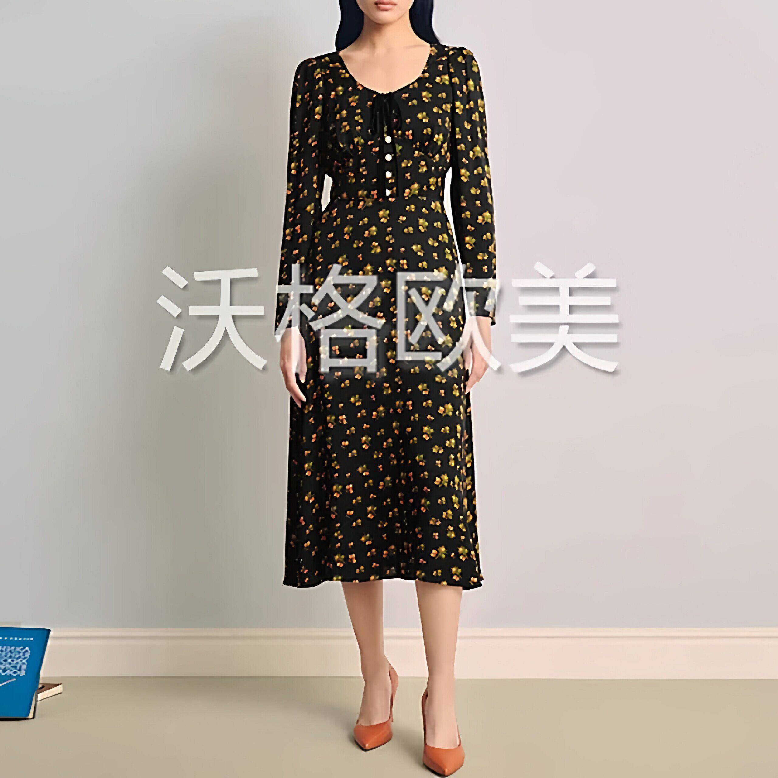 沃格 LKB早春新款柔美橙绿碎花印花系带心领珍珠扣人丝连衣裙