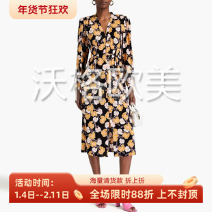 沃格 D早春新款浪漫黄黑木槿花印花V领排扣弹力高腰A字中长连衣裙