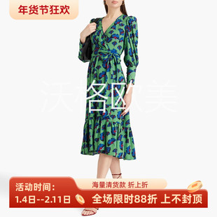 沃格 D春季新款清新柔美蓝绿银杏叶子印花系带优雅围裹中长连衣裙