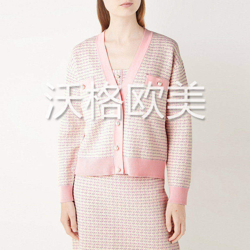 沃格 法国S牌秋冬新款柔美粉白千鸟格织花珍珠扣女棉廓形针织开衫