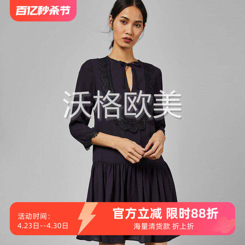 沃格 英国TB牌秋冬新款精致蕾丝花边拼接蝴蝶结系带V领优雅连衣裙