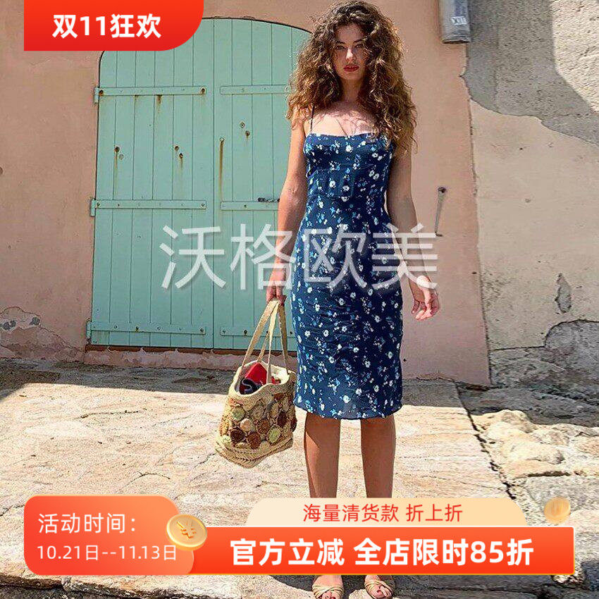 沃格美国小众RP牌春夏新款小清新蓝白花朵印花鱼尾真丝吊带连衣裙