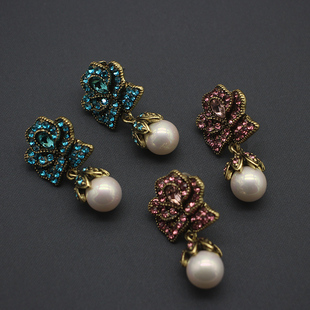 欧美Vintage海蒂玫瑰花耳钉满钻镶嵌珍珠耳环原单HD古董气质耳饰