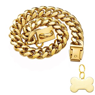 不锈钢土豪金狗链子狗项圈脖套牵引绳中大型犬定制化狗牌法斗恶霸