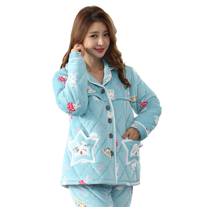 睡衣女珊瑚绒夹棉孕妇秋冬装加厚加绒哺乳怀孕期家居月子服保暖