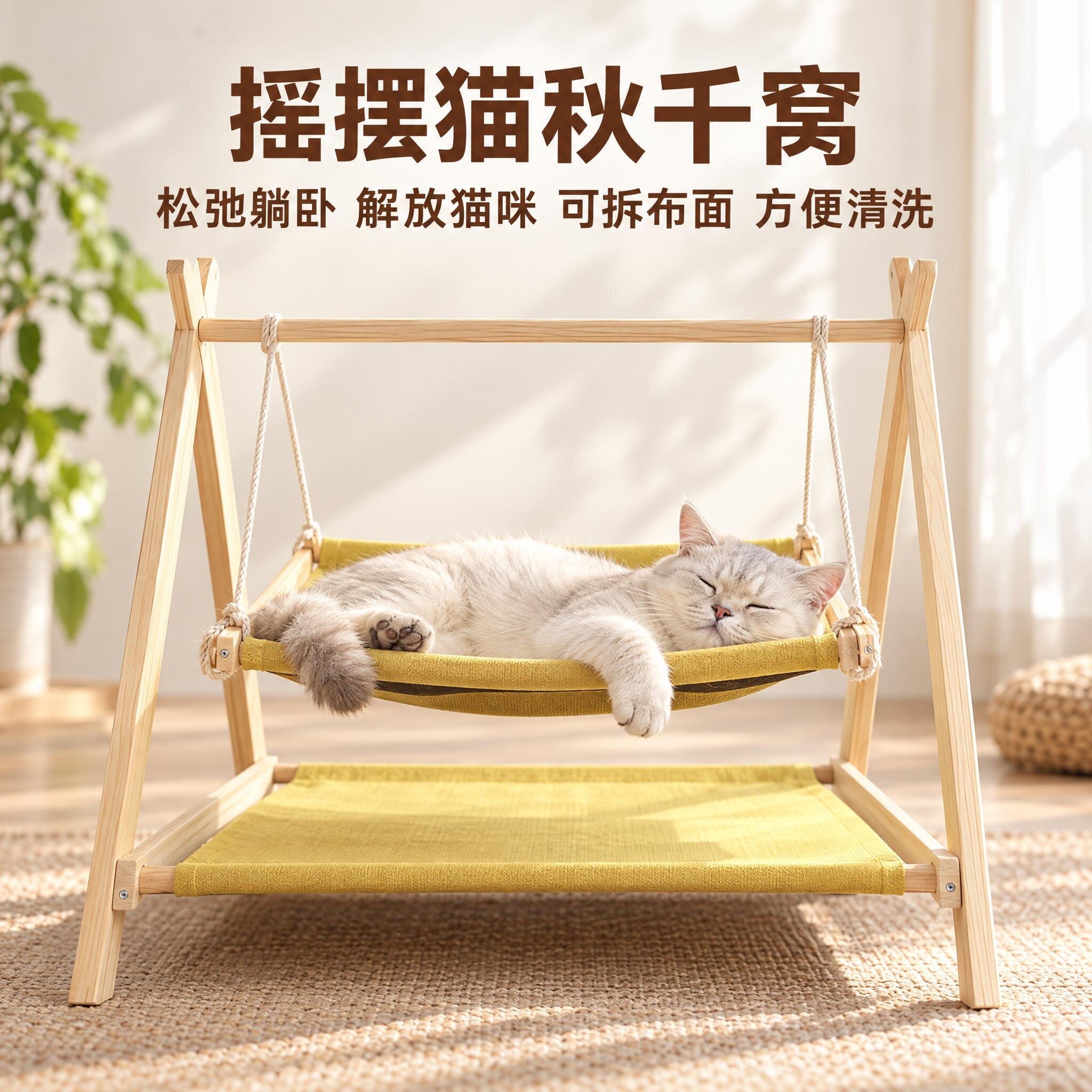 实木猫咪吊床三角双层睡床宠物秋千四季通用可拆洗悬挂式木质猫窝