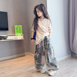 日本JGYP2026新款女童复古工装裤春秋套装洋气女孩炸街泼墨两件套