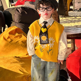 日本JGYP2026新款男童帅气向日葵毛衣马甲套装针织上衣小童三件套