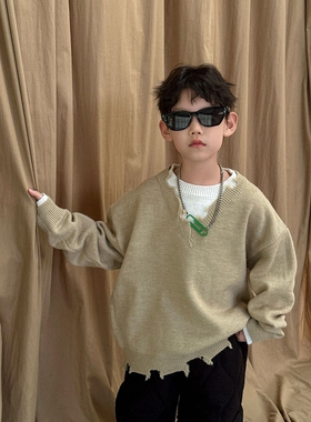 日本JGYPDM 2026新款儿童拼接保暖针织衫假两件上衣V领破洞毛衣男
