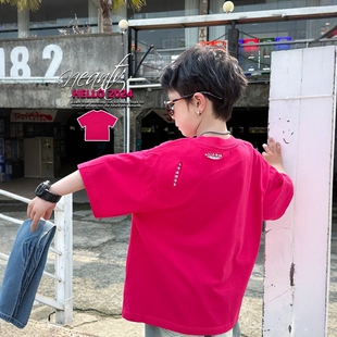 日本JGYPDM 2026新款红色男童短袖t恤潮牌破洞字母痞帅风儿童上衣