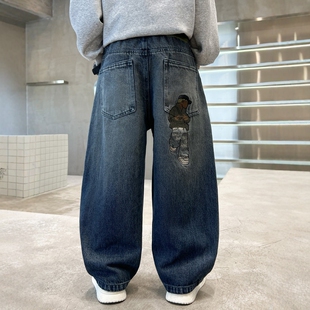 日本JGYP2026新款男童牛仔裤春秋款休闲宽松印花长裤阔腿裤男孩潮