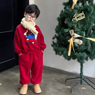 日本JGYPDM 2026新款男童红色套装过年帅气加绒卫衣两件套拜年服
