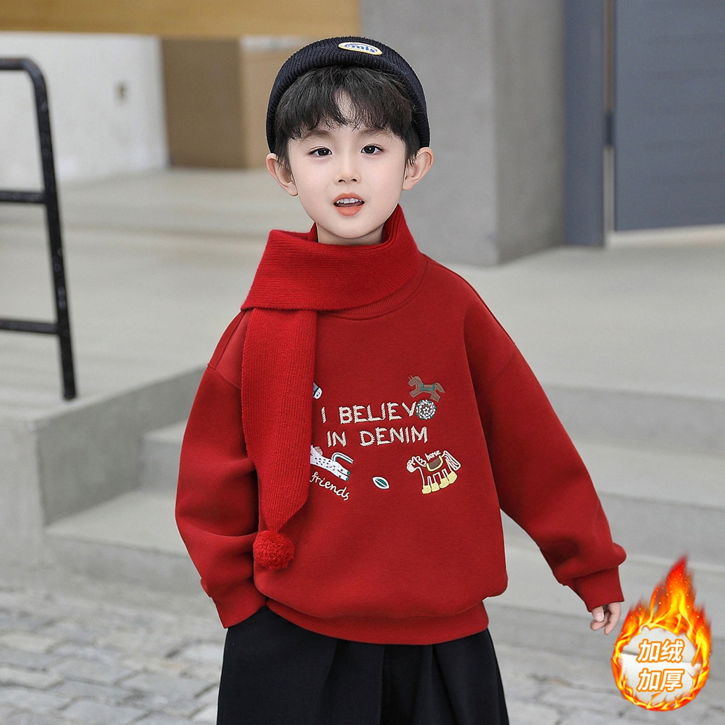 日本JGYPDM 2026新款男童新年卫衣加绒红色加厚圆领喜庆拜年服女