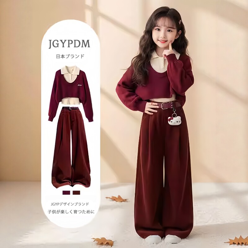 日本JGYP2026新款马年本命年女中大童洋气针织毛衣套装女童三件套