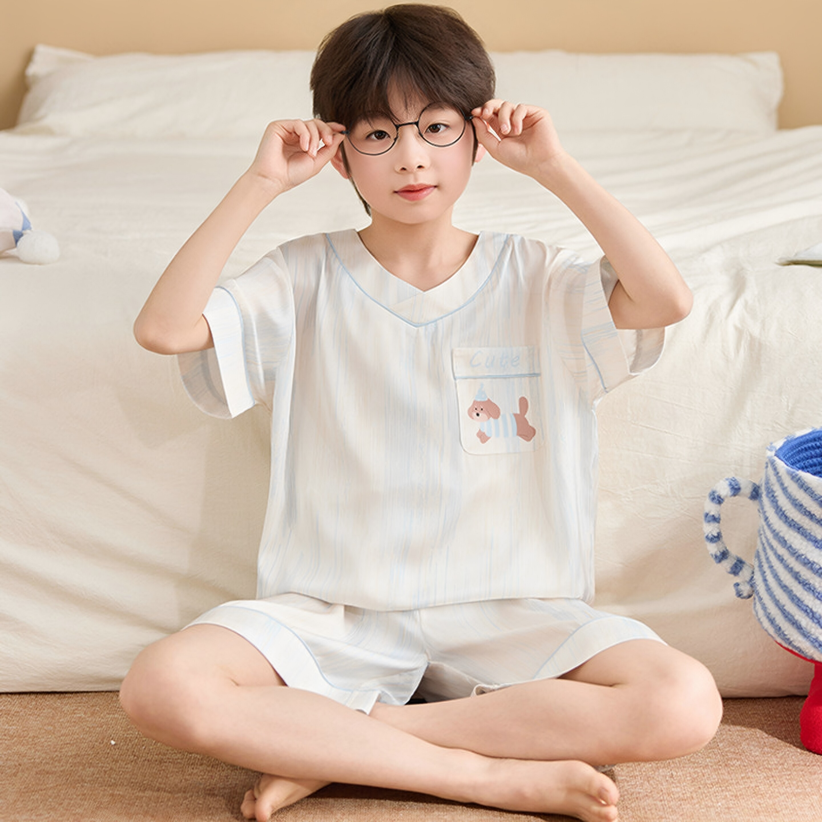 日本JGYP2026新款男童睡衣夏季儿童冰丝薄款短袖大童腊肠狗家居服