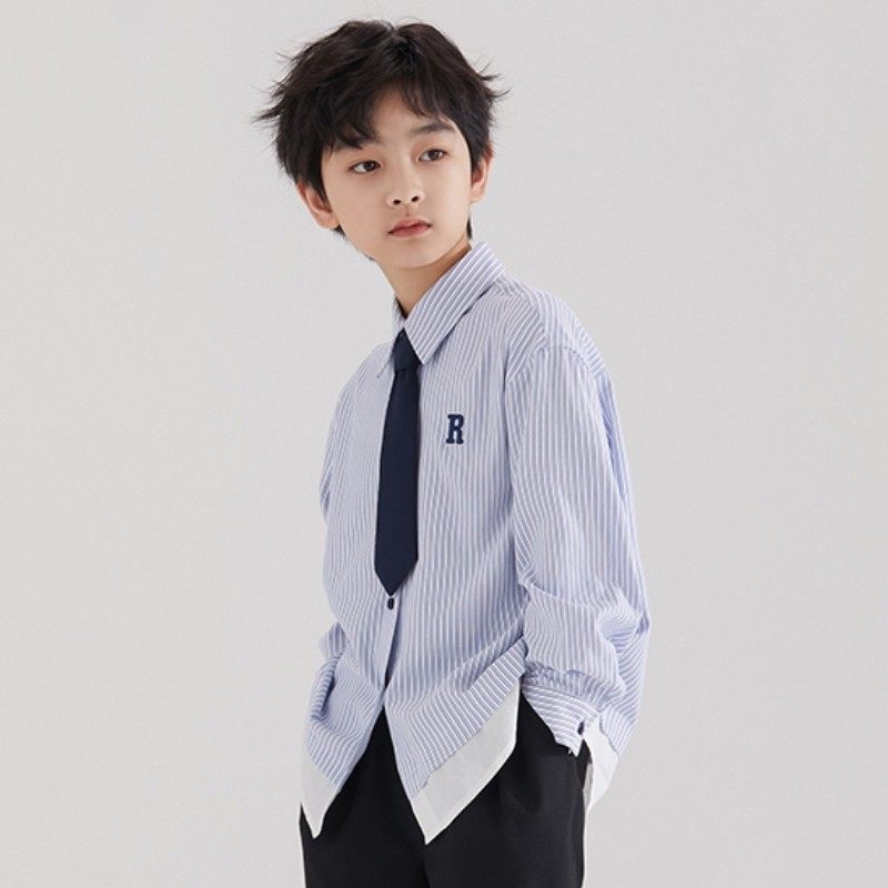 日本JGYP2026新款男童春装长袖衬衫中大童帅气西服内搭条纹衬衣棉
