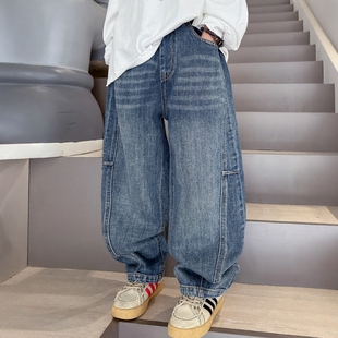 日本JGYP2026新款男童春装蓝色直筒牛仔裤中大童帅气潮酷阔腿裤