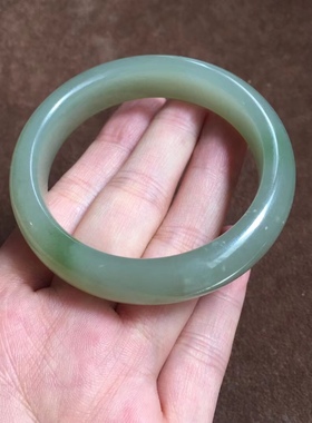 天然和田玉老料翠青色晴水色扁条手镯女玉镯子带证书