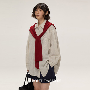 早秋新款 About 设计感刺绣爱心条纹衬衫 休闲百搭衬衣 Passion