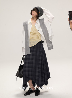 About Passion · 高级感不规则格纹半身裙设计感复古气质中长裙