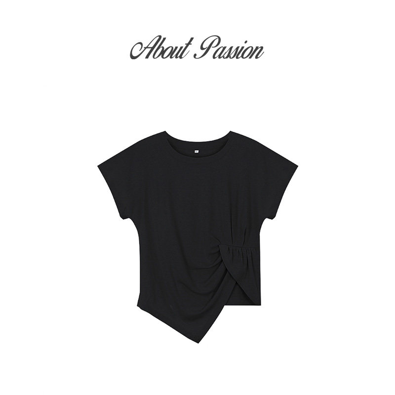 About PAssion · 不规则褶皱圆领短袖t恤女设计感宽松上衣