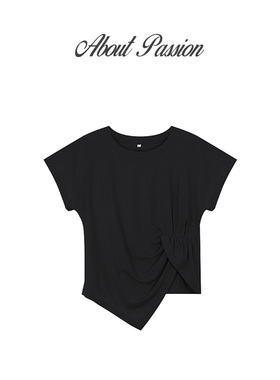 About PAssion · 不规则褶皱圆领短袖t恤女设计感宽松上衣