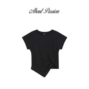 不规则褶皱圆领短袖 t恤女设计感宽松上衣 PAssion About