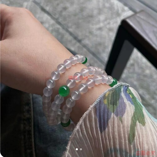 精品缅甸翡翠项链手链两用款冰白配绿珠链男女同款玉石颈饰手饰