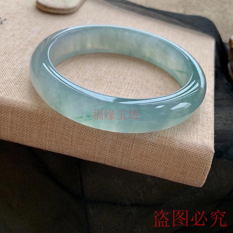 新品缅甸老坑冰种扁条飘蓝花翡翠手镯正品少女玉石镯子百搭