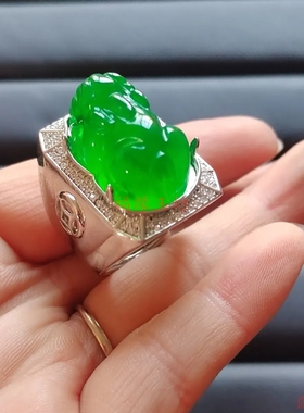 新款精品祖母绿镶嵌男士貔貅戒指霸气超大绿色玉石蛋面款戒指男款