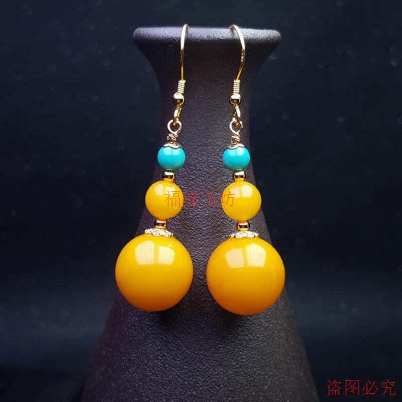 精品天然蜜蜡耳环925银镶嵌耳钩俄罗斯琥珀鸡油黄蜜蜡耳环女款