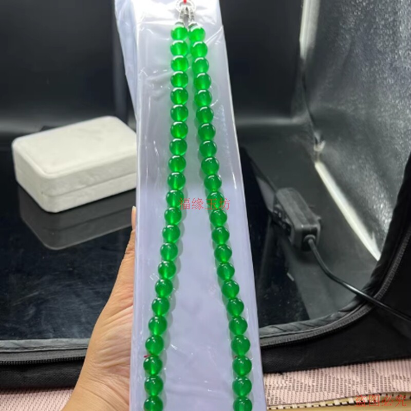 缅甸翡翠冰种帝王绿项链10mm满绿色珠链可做手串项链锁骨链颈饰