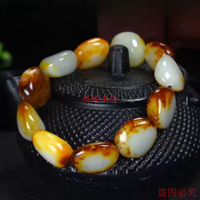 新疆和田玉籽料原石手链枣红皮小籽红沁皮玉石随形手串男女款