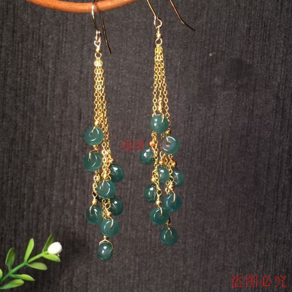 【假一罚十】天然a货翡翠老蓝水耳坠14k包金镶嵌简单大方女神耳环