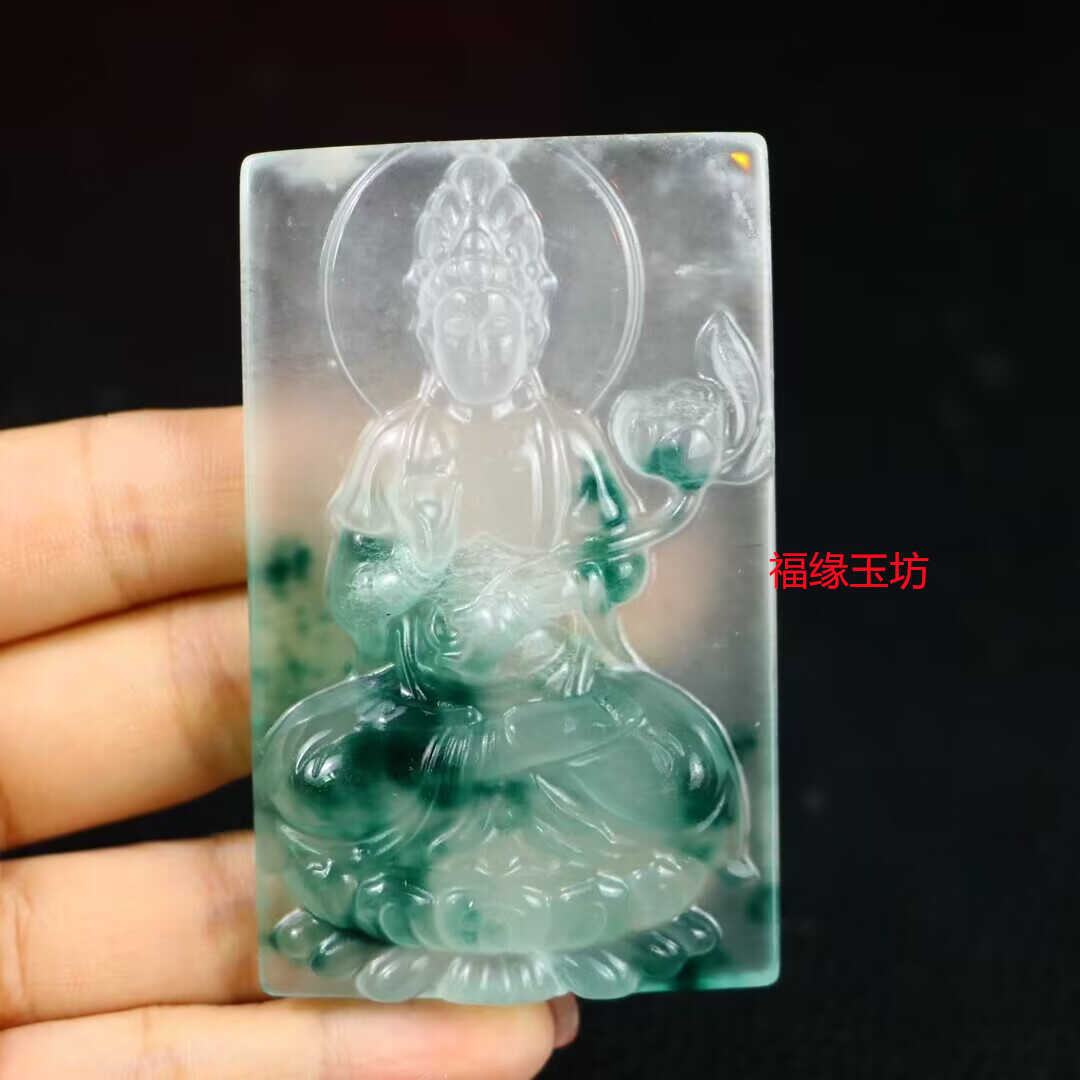 缅甸冰种山水观音牌吊坠老坑翡翠色玉石雕刻飘花绿玉佩翡翠色送礼