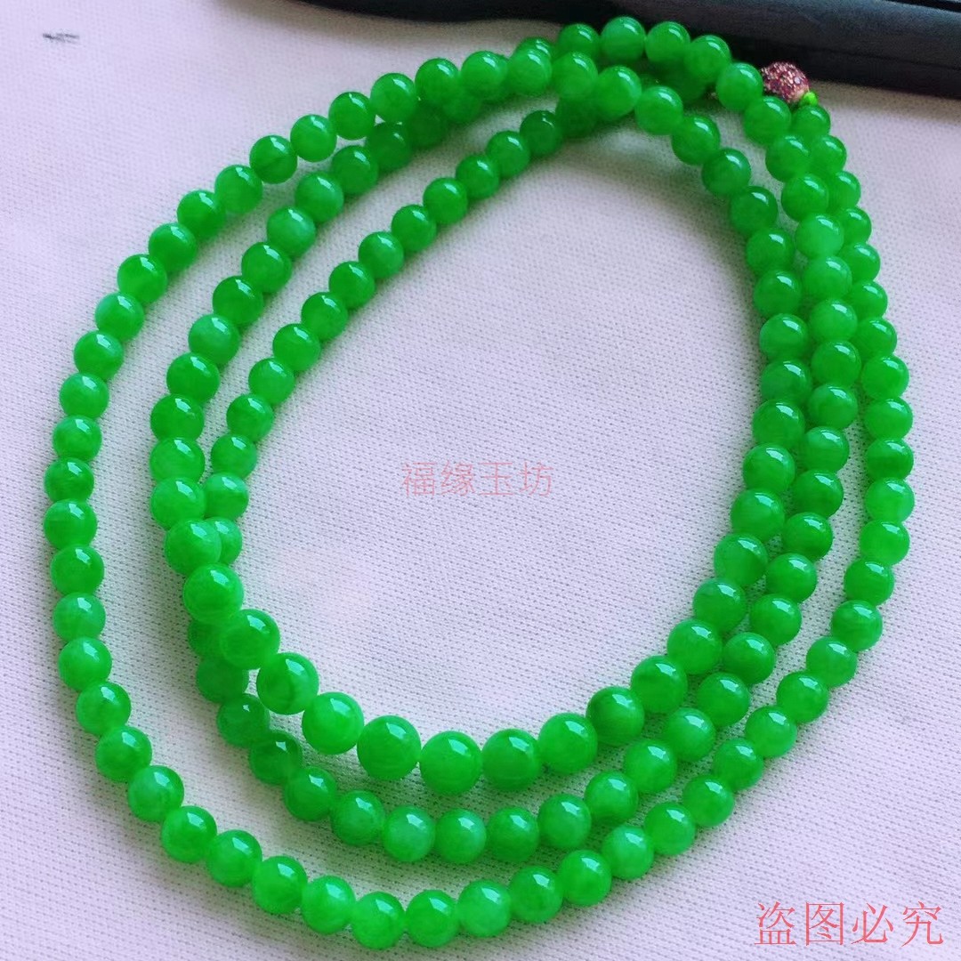 时尚缅甸翡翠冰种满绿女款玉圆珠子项链苹果绿108颗玉石佛珠项链