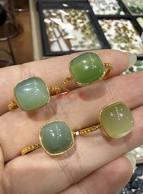 精品和田玉戒指女款925银镶方糖指环方形玉石手饰送女友送妈妈