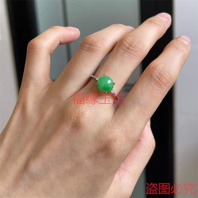 精品缅甸翡翠冰糯种阳绿色圆形蛋面戒指女士925银戒圈手饰