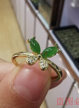 缅甸A货翡翠戒指冰种阳绿蛋面裸石蝴蝶满绿玉戒面18K金镶嵌男女款