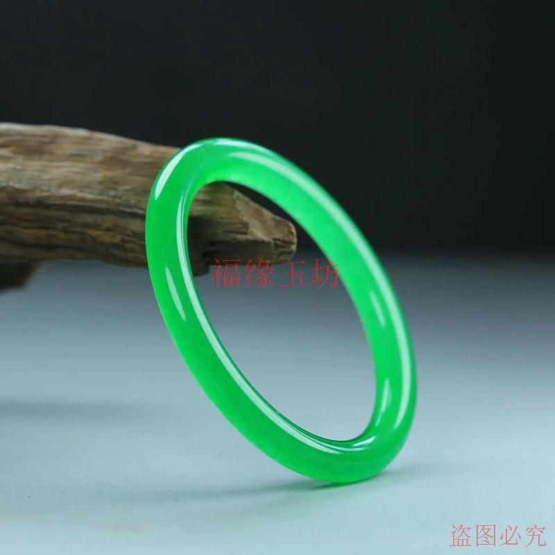 精品时尚缅甸翡翠色冰种满绿玉石细圆条手镯女款叮当镯子送朋友