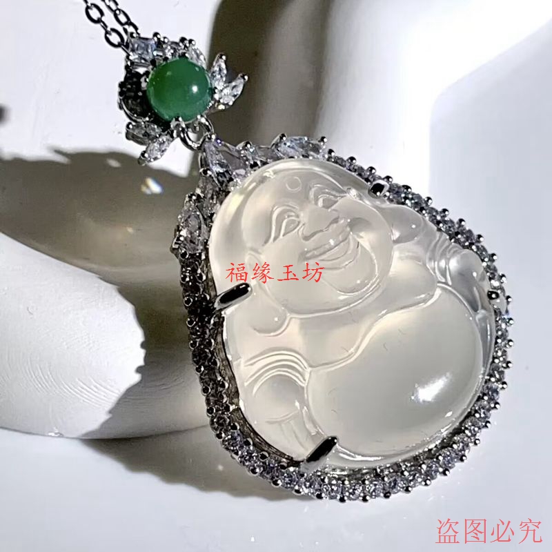 天然冰种玉髓吊坠项链镶嵌佛玛瑙