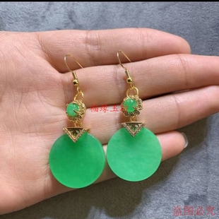 新品缅甸翡翠满绿无事圆牌耳饰女款耳环古风雅韵油绿水润送女友